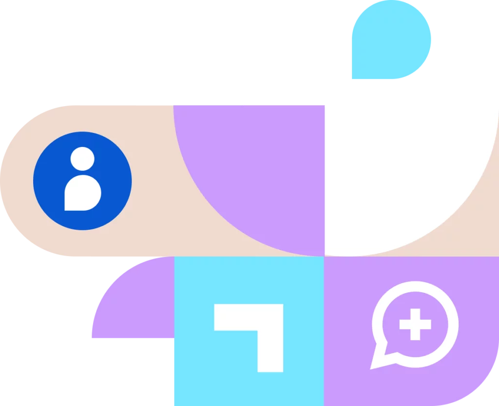 A colorful abstract design featuring geometric shapes and symbols. A blue circle with a white user icon is on the left, while a white speech bubble with a plus sign is on the right. The background contains pastel blocks in blue, purple, and beige.