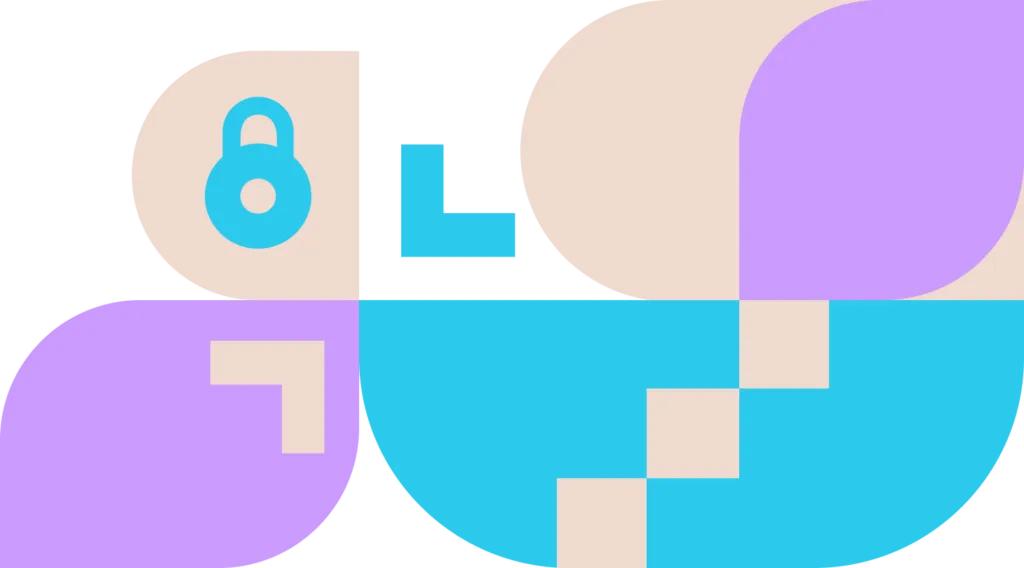 A colorful abstract design featuring geometric shapes and symbols. A blue circle with a white user icon is on the left, while a white speech bubble with a plus sign is on the right. The background contains pastel blocks in blue, purple, and beige.