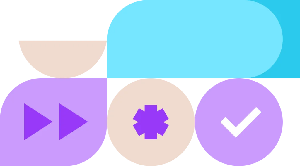 A colorful abstract design featuring geometric shapes and symbols. A blue circle with a white user icon is on the left, while a white speech bubble with a plus sign is on the right. The background contains pastel blocks in blue, purple, and beige.