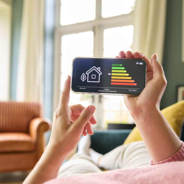 Close Up Of Woman Looking At Screen Of Energy Efficiency Meter On Mobile Phone Lying On Sofa At Home