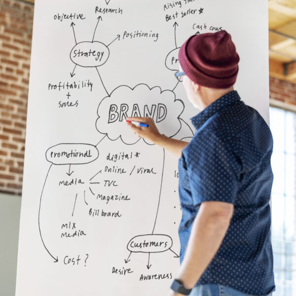 Man writing on a white poster mockup